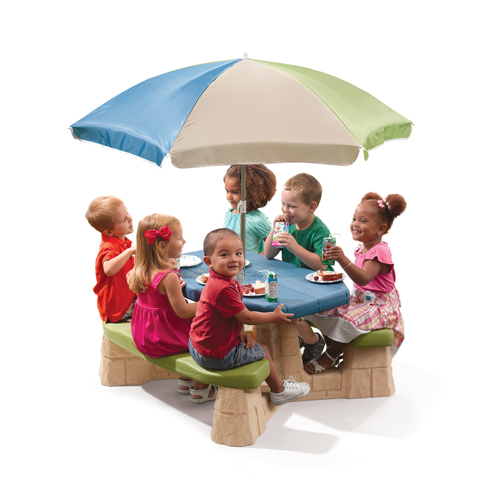 Naturally Playful Picnic Table with Umbrella- Blue Earth